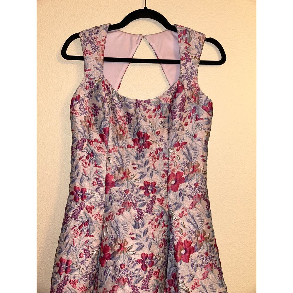Aidan Mattox Floral Jacquard Dress 2 Pink Lilac Metallic Fit Flare Pockets Prom - Picture 6 of 13